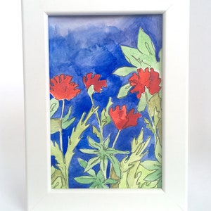 Piccolo fiore di geranio astratto personalizzato rosso blu acquerello tecnica mista pittura originale pittura arte parete decorazioni per la casa regalo incorniciato