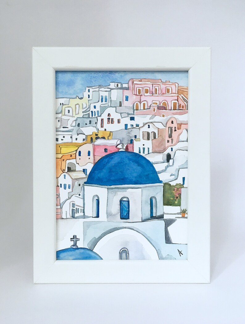 Small Painting Greece Greek Santorini Oia Blue Dome Church Landscape Scenery Coast Watercolor Watercolour ORIGINAL Decor Framed Art Gift