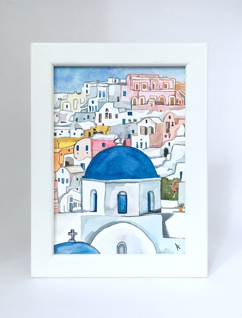 Small Painting Greece Greek Santorini Oia Blue Dome Church Landscape Scenery Coast Watercolor Watercolour ORIGINAL Decor Framed Art Gift