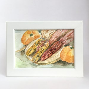 Framed Watercolor Watercolour Small Still Life Painting Indian Corn Pumpkin Autumn Harvest Seasonal Fall Home Decor Hand Painted Art Gift