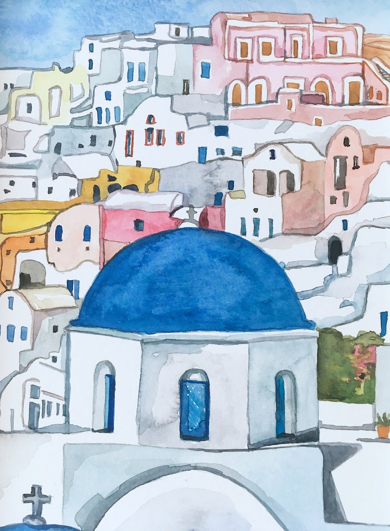 Small Painting Greece Greek Santorini Oia Blue Dome Church Landscape Scenery Coast Watercolor Watercolour ORIGINAL Decor Framed Art Gift