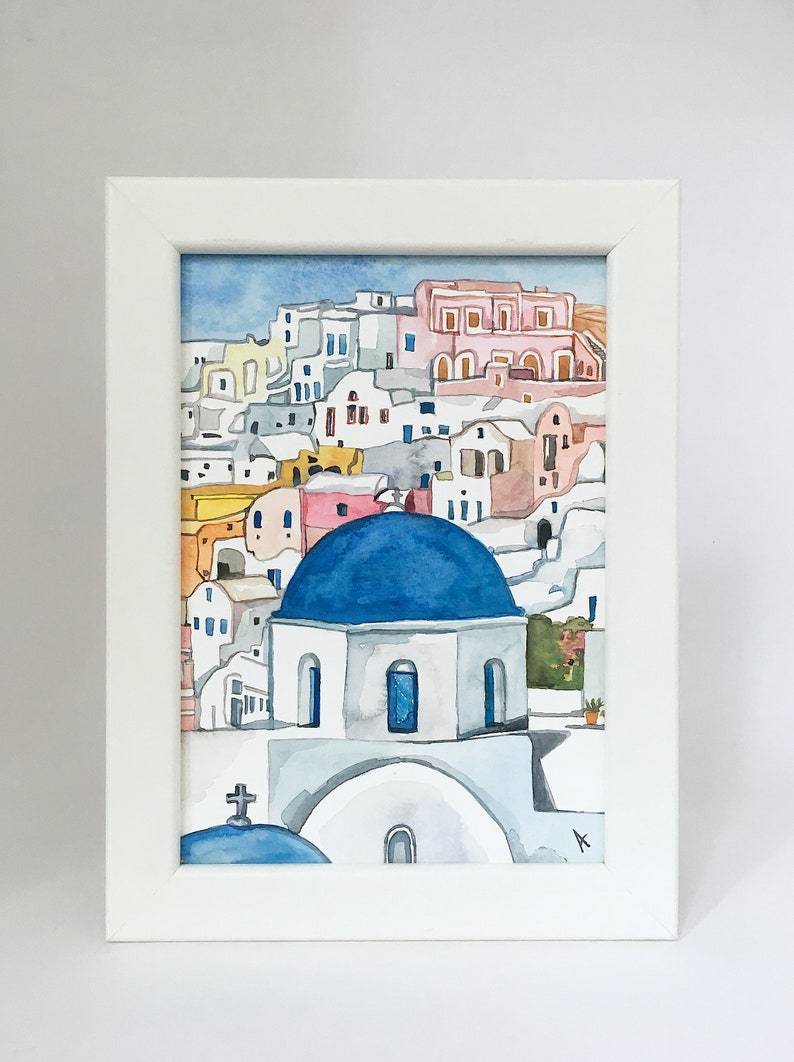 Small Painting Greece Greek Santorini Oia Blue Dome Church Landscape Scenery Coast Watercolor Watercolour ORIGINAL Decor Framed Art Gift