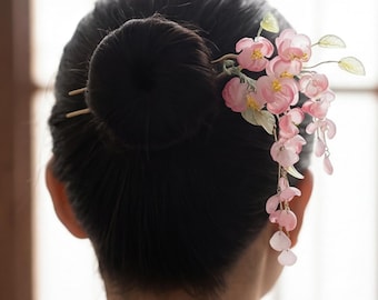 Handmade Pink Flower Hairpin, Dangling Beads, Gold-Tone Hair Stick, Elegant Women’s Accessory