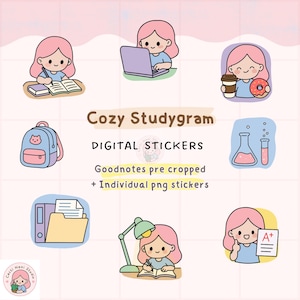 May include: A set of digital stickers titled Cozy Studygram featuring illustrations of a person with pink hair studying, using a laptop, eating a donut, a backpack, science beakers, a folder, a desk lamp, and a paper with an A+ grade.