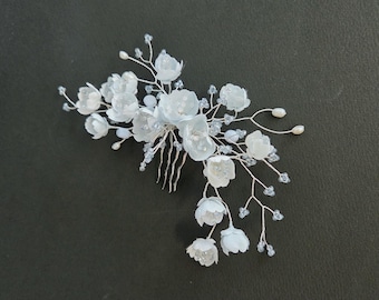 Bridal Hair Comb, vine,  K-Hanji Paper Flower Wedding Accessory, Blue White Floral Headpiece,k-hairpin