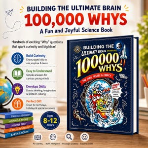 May include: A hardback science book titled Building the Ultimate Brain 100,000 Whys with a dark blue cover featuring a rocket, space elements, and cartoon characters in a boat. Beside it is a stack of colourful books and a globe for ages 8-12 years.