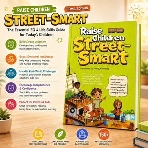 Peut inclure: Un livre relié intitulé Raise Children Street-Smart Comic Edition avec une couverture vert citron vif illustrée de dessins animés d'enfants sur un bateau. La couverture présente du texte sur l'intelligence émotionnelle et 150 scénarios de vie.