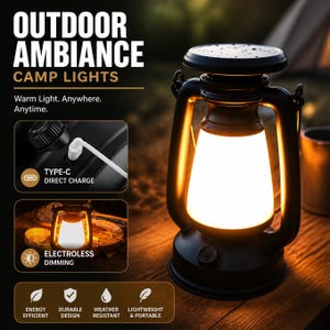 Peut inclure: Une lanterne noire avec une lumière blanche brillante, portant le texte OUTDOOR AMBIANCE CAMP LIGHTS, TYPE-C DIRECT CHARGE et ELECTROLESS DIMMING. La lanterne possède une poignée, un capuchon supérieur et une base, avec des icônes d'efficacité énergétique.