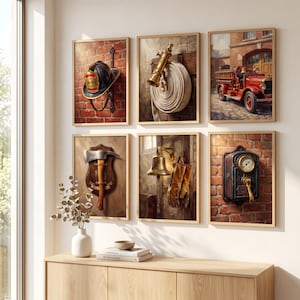 May include: A set of six framed wall art prints featuring firefighting equipment, including a helmet on a brick wall, a coiled hose, a vintage fire truck, an axe on a wooden plaque, a brass bell with gloves, and a wall-mounted pressure gauge.