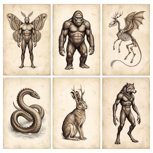 Puede incluir: Un conjunto de seis láminas en tono sepia con ilustraciones detalladas de criaturas míticas: un híbrido humano-polilla, un simio musculoso, un ciervo esquelético alado, una serpiente enroscada, un jackalope y un lobo bípedo sobre papel envejecido.