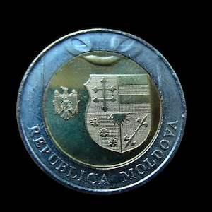 Può includere: Una moneta bimetallica della Repubblica di Moldavia con un centro color oro e un anello esterno color argento. Il centro mostra uno scudo con una doppia croce e il testo REPUBLICA MOLDOVA è impresso lungo il bordo inferiore della moneta.