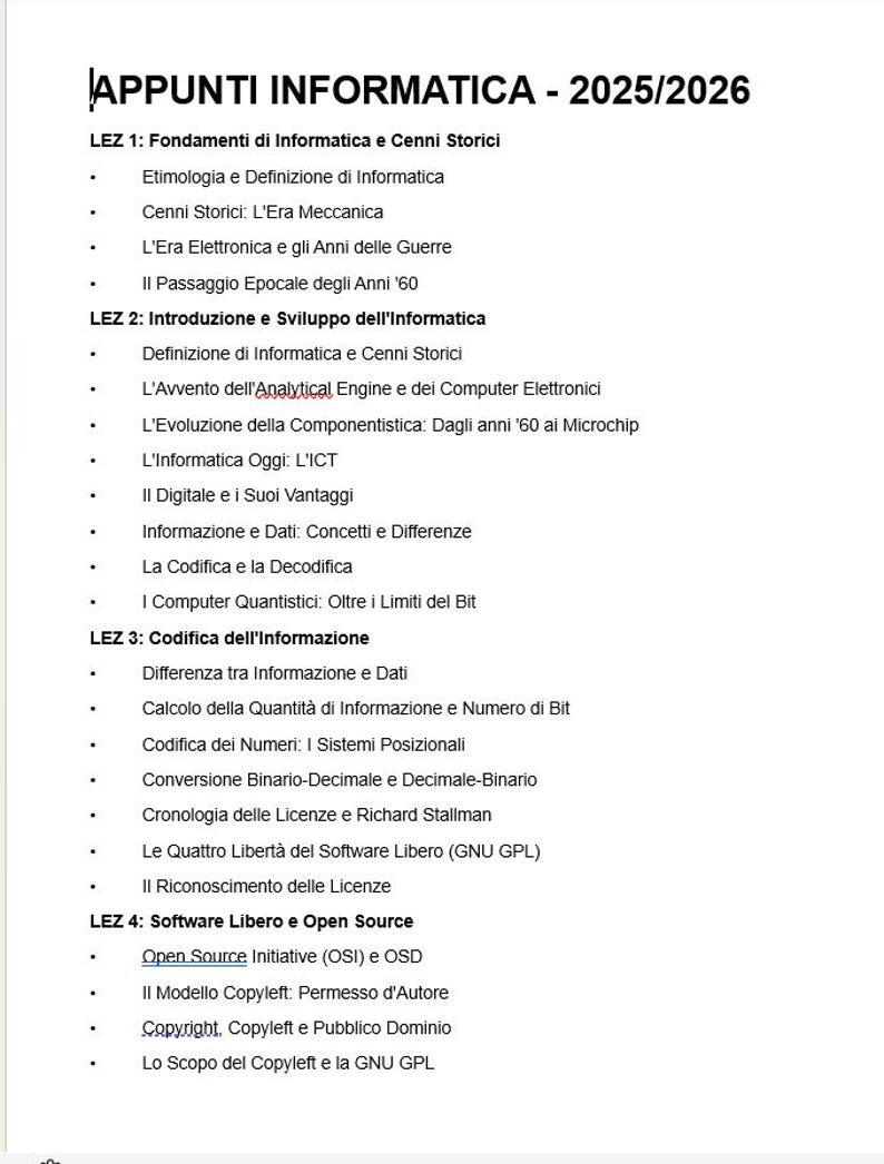 Puede incluir: Un documento blanco titulado APPUNTI INFORMATICA - 2025/2026 que contiene una lista estructurada de temas de clases de inform&aacute;tica. El texto describe cuatro lecciones que cubren historia, desarrollo, codificaci&oacute;n de informaci&oacute;n y software libre.
