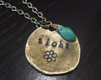 Aloha Charm, Aloha Pendant, Hawaii Charm, Hawaii Pendant, Copper Brass Charm, Antique Bronze, Hibiscus, Plumeria, Irregular Shape, Wavy Disc