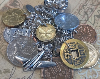 Coin Bracelet, Coin Necklace, World Traveler Coin Charm Bracelet, Handmade Old Coin Bracelet 2 Sided, Foreign Coins, Queen Elizabeth, Euro