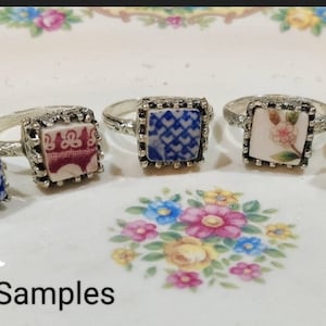 Broken China Ring Jewelry, Adjustable Minimalist Ring, Handcrafted Vintage China, Royal Albert Rose, Blue Willow, Red & White Spode China