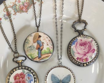 Broken China, Broken China Jewelry in Pocket Watch, Vintage Locket, Royal Albert, Vintage China, Fine Bone China, Floral Pendant, Mosaic
