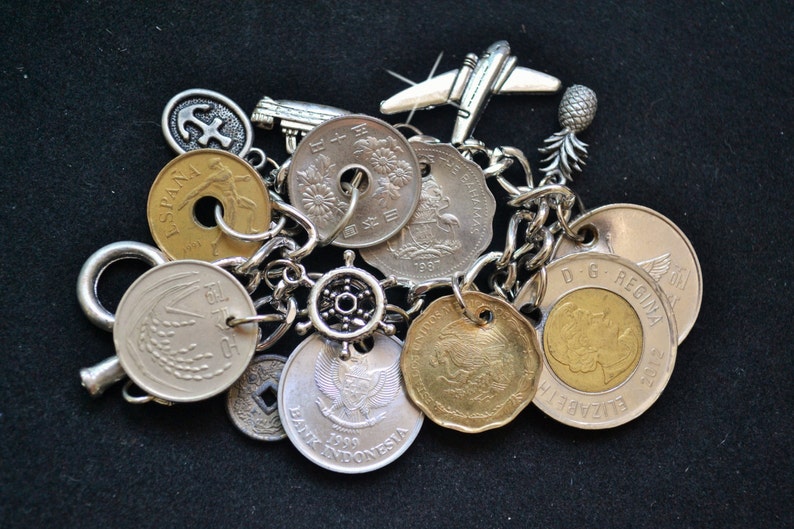 Travel Charm Bracelet, Foreign Coin Bracelet, Souvenir Charm Bracelet, Vacation Charms, Tokens, Coin Jewelry, Customized Assemblage Bracelet image 3