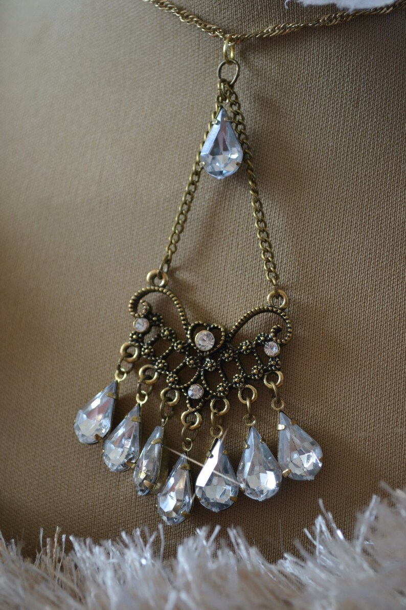 Retro 14 Karat Gold and Crystal Chandelier Necklace Hollywood Glam Ornate Pendant with Teardrops