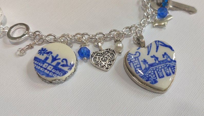 Recycled Blue Willow China Bracelet, Blue Willow Chunky Blue & White Charm Bracelet, Key To My Heart Jewelry, Broken China, Chinoiserie image 8