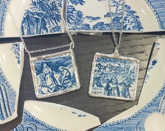 Broken China Jewelry, Statement Necklace, Historical China, Currier & Ives Blue Farm Scene Damaged Plate Recycled into Pendants, DIY Upcycle