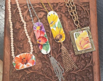 Broken China, Broken China Jewelry, Vibrant Yellow & Orange, Vintage Spring Floral Pendant Necklace, Royal Albert, Vintage Fine Bone China
