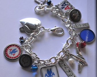 Airline Charm Bracelet, Airline Memorabilia, Airline Retirement Gift, Aviation Gift, Red White & Blue, American, American Airlines, Oneworld