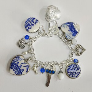 Recycled Blue Willow China Bracelet, Blue Willow Chunky Blue & White Charm Bracelet, Key To My Heart Jewelry, Broken China, Chinoiserie image 2