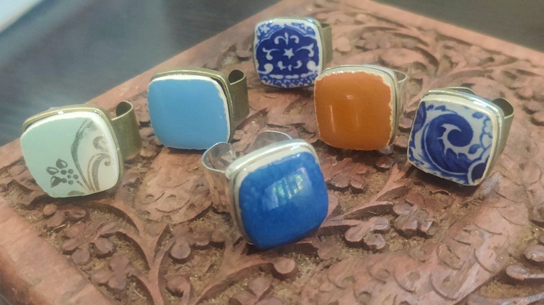 Repurposing Reusing Broken Dishes (Crockery), Broken China Jewelry Rings, Craft Ideas for Old Dishes, Rounded Square Ring, Pottery Shards image 10