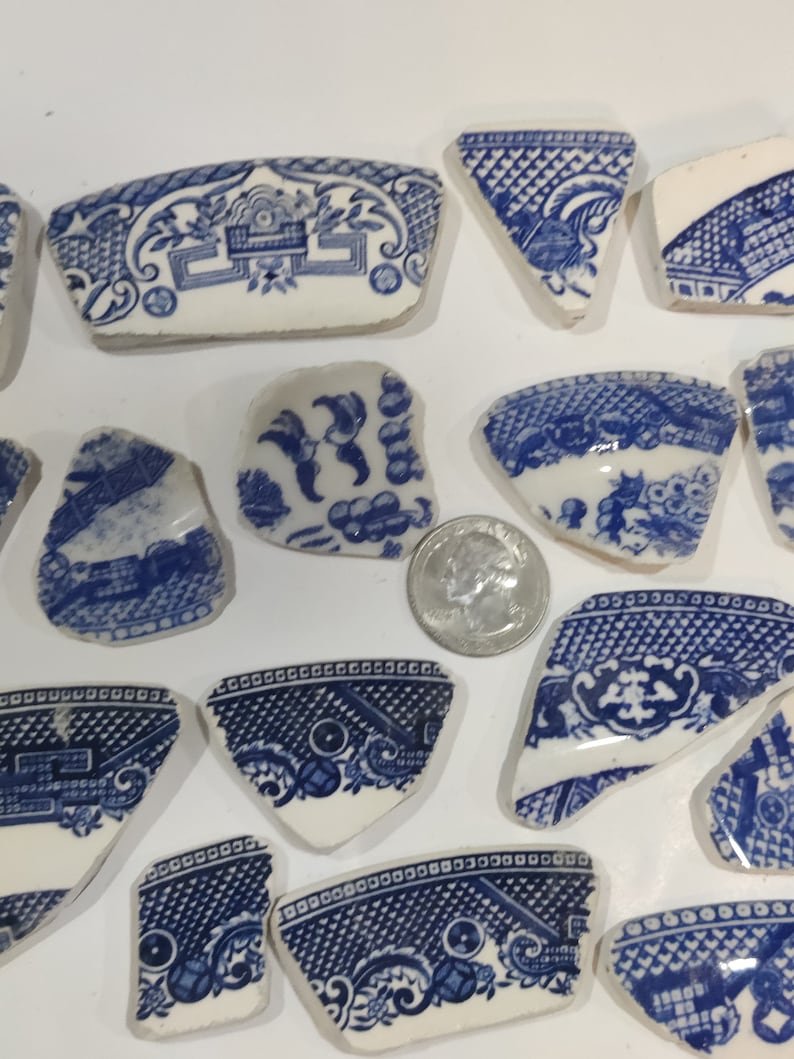 Vintage & Antique Broken China Porcelain Ceramic Pieces for Mosaics, Jewelry, Crafts, Blue Willow, Watercolor Roses, Birds, Blue and White image 3