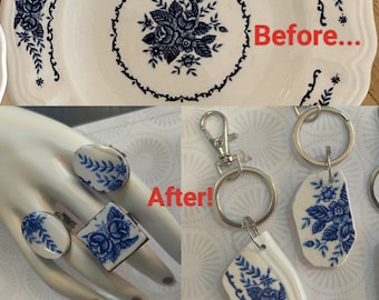 Commission Custom Order, Recycled Broken China Jewelry, Blue and White Ironstone, Repurposed Vintage Dishes to Custom Rings and Key Chains