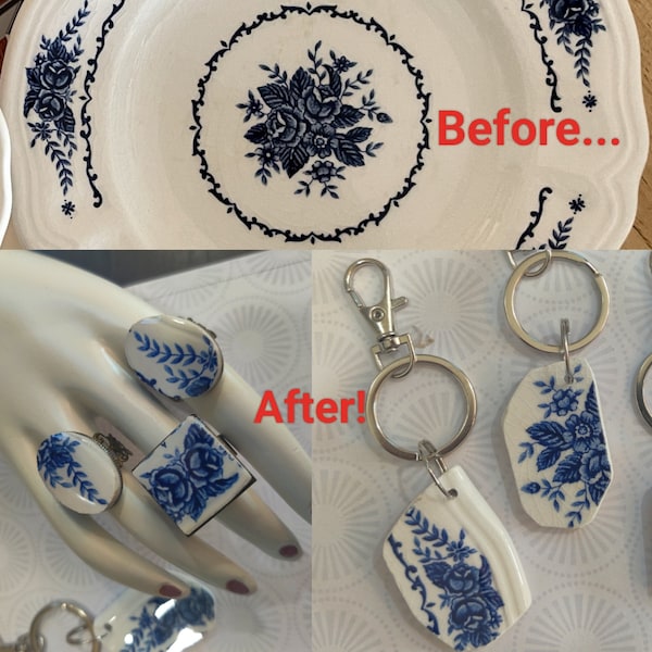 Commission Custom Order, Recycled Broken China Jewelry, Blue and White Ironstone, Repurposed Vintage Dishes to Custom Rings and Key Chains