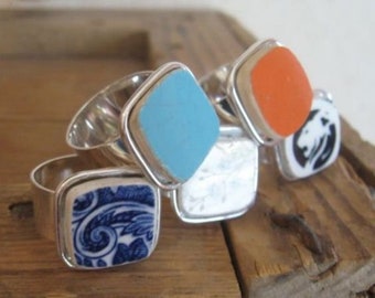 Repurposing Reusing Broken Dishes (Crockery), Broken China Jewelry Rings, Craft Ideas for Old Dishes, Rounded Square Ring, Pottery Shards
