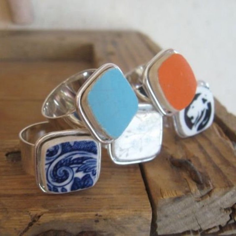 Repurposing Reusing Broken Dishes (Crockery), Broken China Jewelry Rings, Craft Ideas for Old Dishes, Rounded Square Ring, Pottery Shards image 1