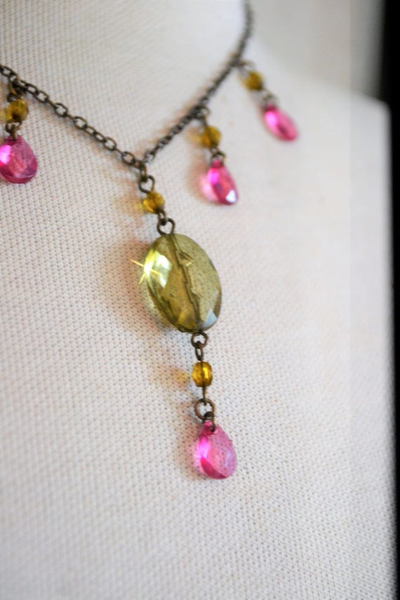 Citrine Beaded Necklace, Vintage Lucite Bead Ladie