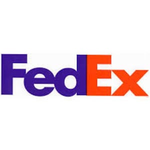 May include: The FedEx logo features the word "FedEx" in a bold, sans-serif font. The "Fed" portion is in purple, while the "Ex" is in orange. The "E" in "Ex" is larger than the other letters and extends beyond the rest of the word.