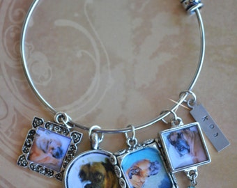 Loss of Pet Charm Bangle Bracelet, Loss of Dog or Cat Charms, Silver Wire Cuff Bangle Bracelet w/ Dangling Photos, In Loving Memory Of