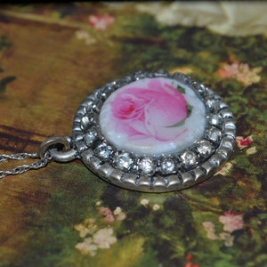 Spring Inspired Pink Rose Peony Pendant, Handmade Broken Vintage Royal Albert China Pendant, Upcycled Broken China Rhinestone Necklace image 4