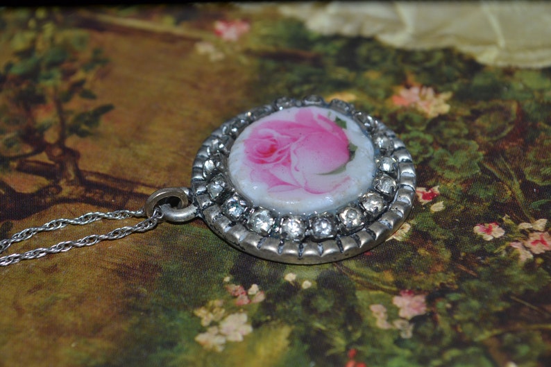 Spring Inspired Pink Rose Peony Pendant, Handmade Broken Vintage Royal Albert China Pendant, Upcycled Broken China Rhinestone Necklace image 4