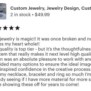 May include: Image features text: "Custom Jewelry, Jewelry Design". The text is accompanied by a five-star rating and customer feedback. The jewelry is described as "magic" and made from broken china.