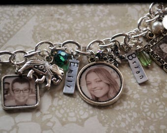 46th Birthday Gift for Her, Custom Photo Charm Bracelet, Picture Frame Charms, Photo Charms,, Family, Alzheimer's, Medical Bracelet