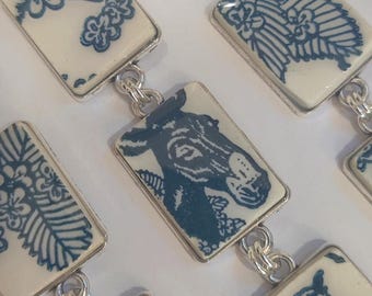 Commission Custom Order, Recycled Broken China Jewelry, Vintage Missouri State Collectible Indigo Blue with Donkey & Bluebird, Made to Order