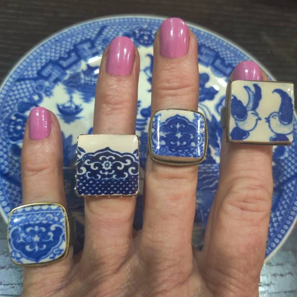 Blue Willow Broken China Ring, Blue Willow Cup & Saucer, Adjustable Ring for Women, Birthday Gift for Wife, Repurposed Recycled Jewelry