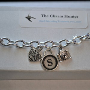 Initial Charm Bracelet, Silver Link Bracelet, Typewriter, Typewriter Print, Typewriter Keys, Typography, Monogram Necklace, Initial Jewelry