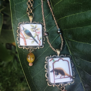 Broken China Jewelry, Vintage China Blue Green Bird Pendant, Brown Sparrow Bird, Swallow Bird Pendant, Mosaic Ceramic Shard, Dishes w/ Birds