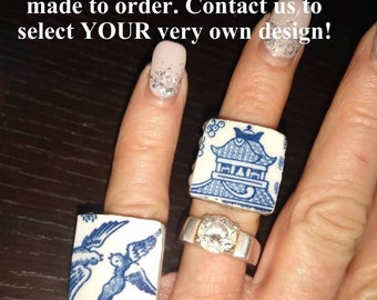 China Shard Ring, Broken China Jewelry, Mosaic Shard Ring, Porcelain, Blue Willow, Swallow Bird, OOAK Adjustable Ring, Repurposed, Recycled