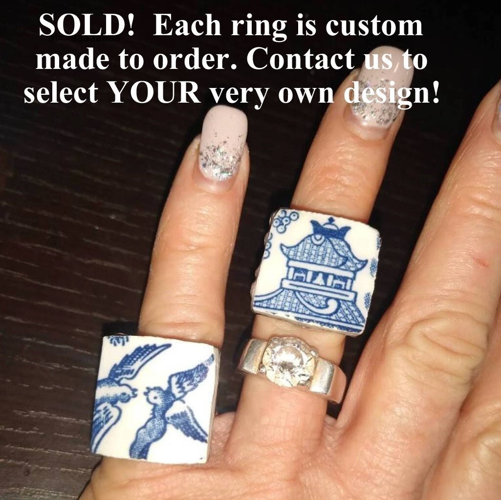 China Shard Ring, Broken China Jewelry, Mosaic Shard Ring, Porcelain, Blue Willow, Swallow Bird, OOAK Adjustable Ring, Repurposed, Recycled