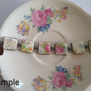 20th Anniversary Gift, Broken China Floral Bracelet, Broken China Jewelry, Vintage Recycled Broken China Pink Roses Bracelet, Gold Gilded
