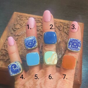 Repurposing Reusing Broken Dishes (Crockery), Broken China Jewelry Rings, Craft Ideas for Old Dishes, Rounded Square Ring, Pottery Shards image 3
