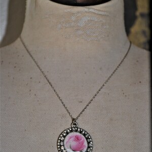 Spring Inspired Pink Rose Peony Pendant, Handmade Broken Vintage Royal Albert China Pendant, Upcycled Broken China Rhinestone Necklace image 6