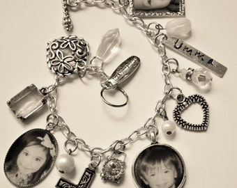 15th Anniversary Gift for Her, Photo Charm Assemblage Bracelet, Custom Charms, Personalized Keepsake Family Jewelry, Metal Tag Charms